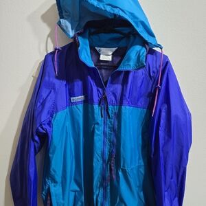 Vintage Columbia Women's Lrg Windbreaker Hooded Jacket Color Block Teal Purple